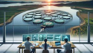 Create a high-definition, realistic image representing scientific breakthroughs regarding the unexpected environmental effects of aquaculture. The image may contain a large fish farm situated amidst a serene body of water. In front of this scenario, a few scientists, a Caucasian woman and a Middle-Eastern man, are studying data on a high-tech screen. Overlaying the scene, add a banner with the text 'Revolutionary Research Reveals Surprising Environmental Impact of Aquaculture'. The overall view should communicate both the significance of the research and the contrasting beauty of the environment on which it focuses.