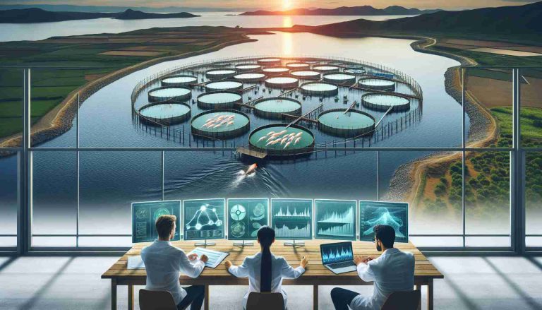 Create a high-definition, realistic image representing scientific breakthroughs regarding the unexpected environmental effects of aquaculture. The image may contain a large fish farm situated amidst a serene body of water. In front of this scenario, a few scientists, a Caucasian woman and a Middle-Eastern man, are studying data on a high-tech screen. Overlaying the scene, add a banner with the text 'Revolutionary Research Reveals Surprising Environmental Impact of Aquaculture'. The overall view should communicate both the significance of the research and the contrasting beauty of the environment on which it focuses.