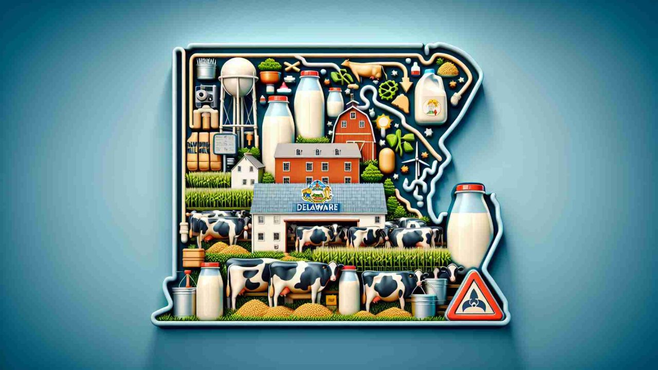 An extremely detailed and realistic High Definition rendering of a symbolic illustration reflecting Delaware's consideration of approving the sale of raw milk irrespective of health concerns. The main elements could include a representation of the state of Delaware; perhaps a map or landmark, a characteristic dairy farm with cows and milk pails indicating production of raw milk, and signs or symbols indicating health concerns such as a warning triangle or a safety helmet.