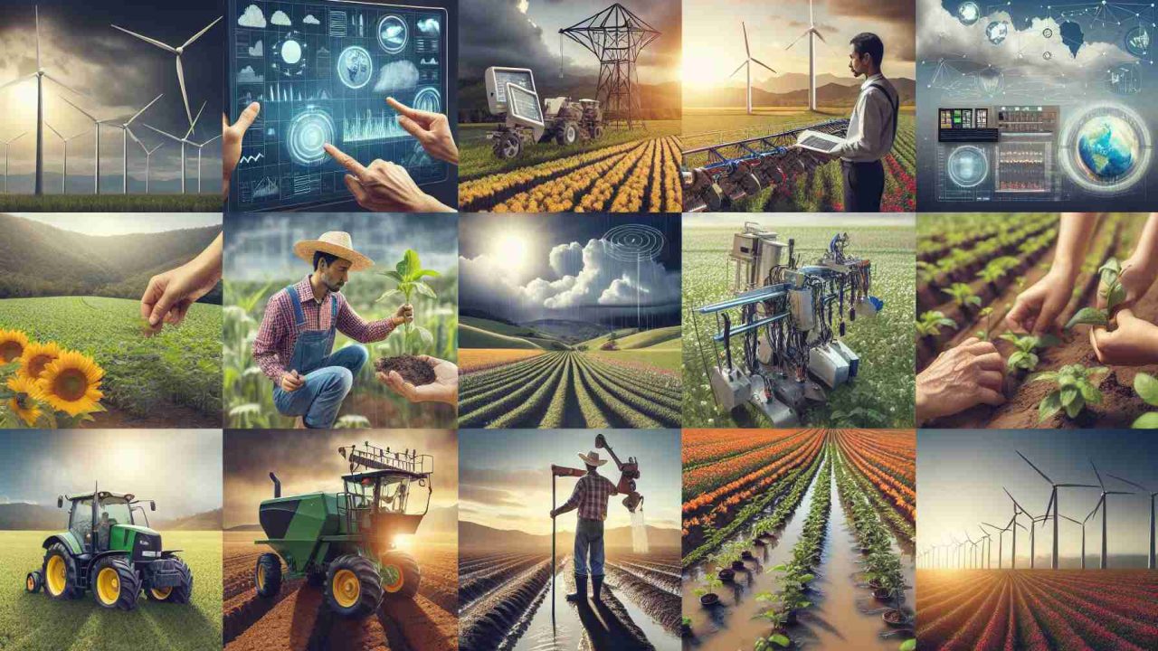 Create a highly detailed and realistic HD image showing the concept of technology aiding farmers in the face of climate challenges. The image should highlight various farming technological tools such as modern weather prediction systems, automation machines for planting and harvesting crops, and sustainable irrigation systems. These tools should be captured in the context of addressing climate issues, such as drought, unpredictable rain patterns, and fluctuating temperatures. You should also depict diverse farmers actively using these technologies, showing farmers of various descents including Caucasian, Hispanic, Black, Middle-Eastern, and South Asian, both male and female.