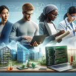 A high-definition, realistic illustration of three young innovators thriving in their diverse fields. The first person, a Caucasian male, is showing a blueprint of a sustainable building model which represents his architectural innovations. The second person, a Black female, is engaged in coding on a laptop, showcasing her prowess in computer programming and technology development. The third individual, a South Asian male, is inspecting a test tube, symbolizing his significant contribution to scientific research in biochemistry.