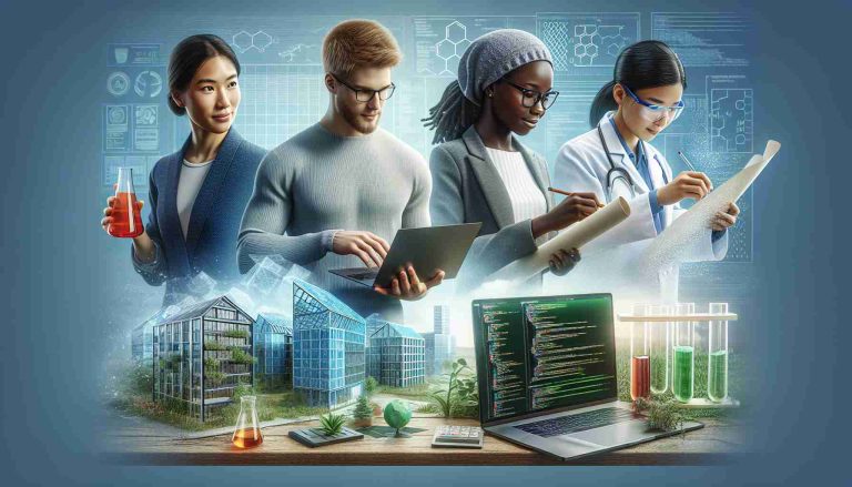 A high-definition, realistic illustration of three young innovators thriving in their diverse fields. The first person, a Caucasian male, is showing a blueprint of a sustainable building model which represents his architectural innovations. The second person, a Black female, is engaged in coding on a laptop, showcasing her prowess in computer programming and technology development. The third individual, a South Asian male, is inspecting a test tube, symbolizing his significant contribution to scientific research in biochemistry.