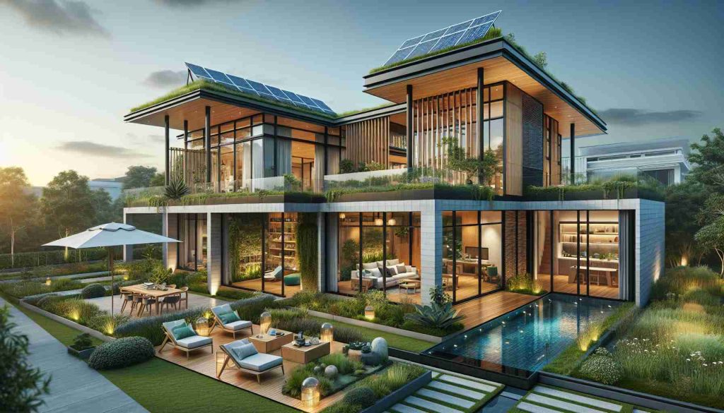 High-definition, realistic imagery of modern homes that embody the principles of sustainable living. Include features like solar panels, green roofs, rainwater harvesting systems, natural light maximized through architecture, and gardens with native plants. Ensure that materials used in the structure and interior indicate environmentally-friendly alternatives such as bamboo flooring, recycled glass countertops, and energy-efficient appliances. The overall aesthetic should balance sophistication, functionality and a deep commitment to ecological balance.