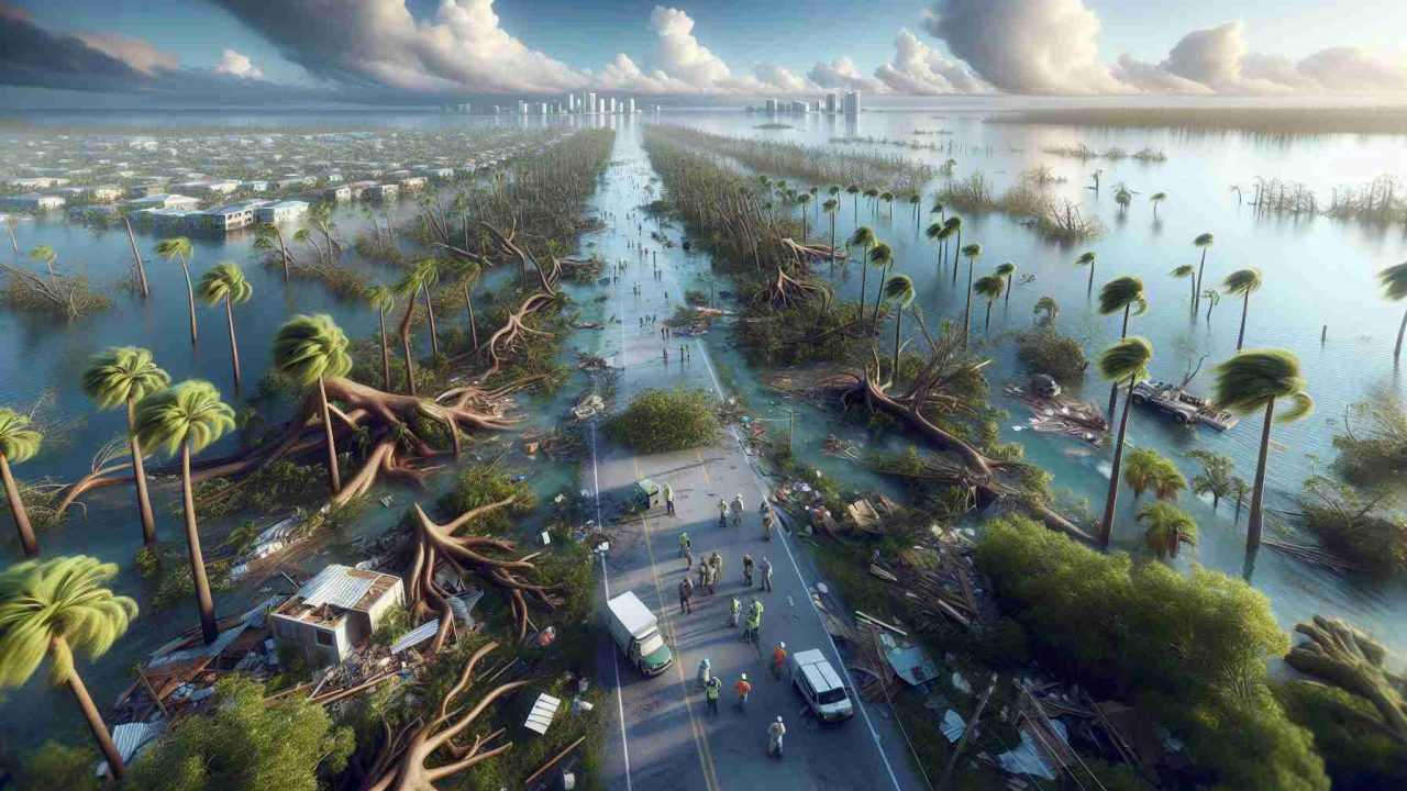 A high-definition, realistic image capturing the environmental challenges in Florida following Hurricane Milton. Depict a landscape with uprooted trees, flooded streets, and destroyed buildings, to highlight the aftermath of the hurricane. Please include elements that symbolize the resilience and recovery efforts in the area such as volunteers of varied descent and gender helping with reconstruction and cleanup efforts.