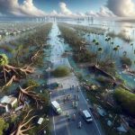 A high-definition, realistic image capturing the environmental challenges in Florida following Hurricane Milton. Depict a landscape with uprooted trees, flooded streets, and destroyed buildings, to highlight the aftermath of the hurricane. Please include elements that symbolize the resilience and recovery efforts in the area such as volunteers of varied descent and gender helping with reconstruction and cleanup efforts.