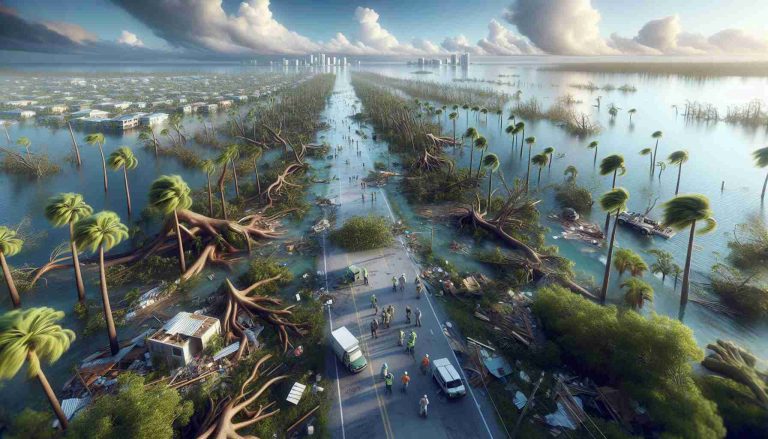 A high-definition, realistic image capturing the environmental challenges in Florida following Hurricane Milton. Depict a landscape with uprooted trees, flooded streets, and destroyed buildings, to highlight the aftermath of the hurricane. Please include elements that symbolize the resilience and recovery efforts in the area such as volunteers of varied descent and gender helping with reconstruction and cleanup efforts.