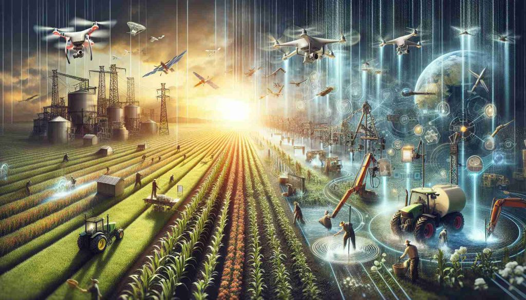 A high-definition, realistic illustration showcasing the revolution of agricultural methods through advanced solutions. The scene could include farmers using modern technologies like drones for crop monitoring, automatic irrigation systems for efficient water management, satellite imagery for soil analysis, and robotics for precision farming. The transformation of traditional farming to high-tech agriculture would be clearly seen, translating the progressive leap in this field.