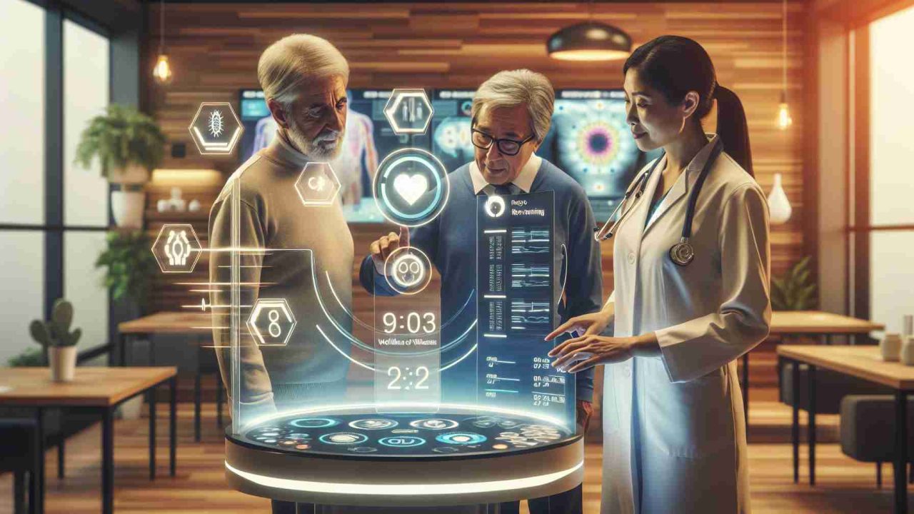 An HD photo showcasing the concept of revolutionizing senior care using innovative health and wellness solutions. It includes a scene of an advanced medical facility with a variety of high-tech equipment dedicated to the wellness of seniors. The environment is calm and inviting with warm lighting. A Caucasian male senior is engaging with a digital touchscreen displaying health metrics, while a middle-aged South Asian female doctor is assisting and explaining the metrics on the screen. The background displays various other innovative medical devices, emphasizing the focus on health and wellness solutions for seniors.