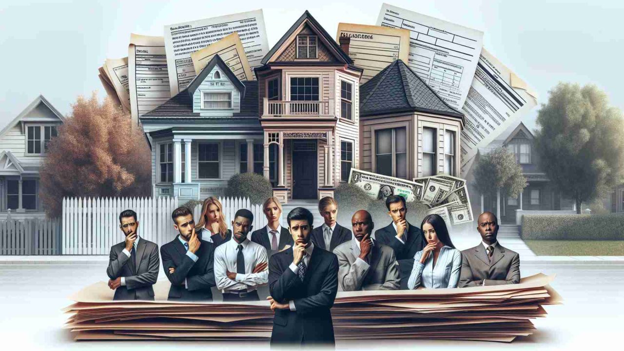 A realistic high definition image depicting a conceptual representation of new tax laws resulting in concern among heritage homeowners. Feature stacks of paper with legalese, possibly tax forms, alongside images of classic historic homes. The homeowners shown can be visibly worried, perhaps in a discussion with financial advisors or tax consultants, with varying genders and descents including South Asian men, Middle-Eastern women, Black men and Caucasian women.