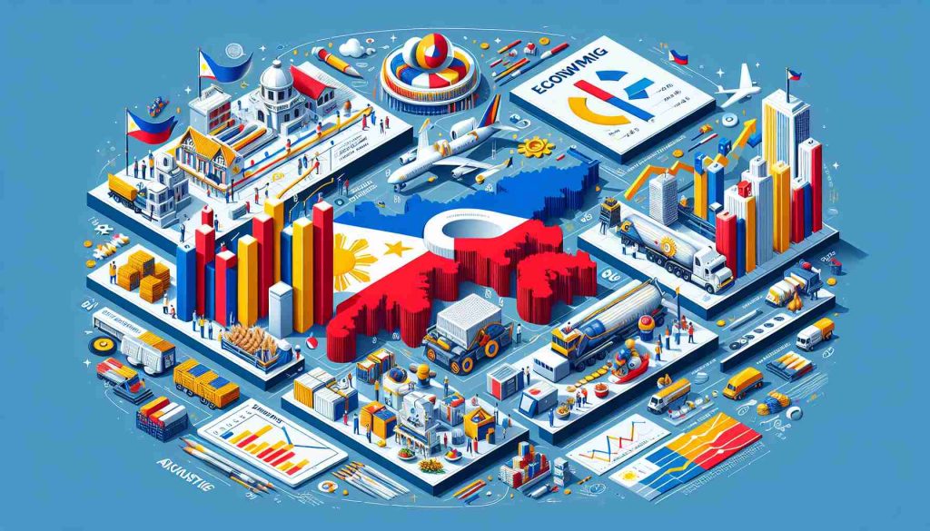 An infographic showing the Philippine economy surging with a remarkable 8% growth rate in the third quarter. The infographic includes visual representations of key economic sectors such as agriculture, industry, and services. Alongside this, there are graphs and charts demonstrating the upward trend in economics statistics. The entire scene is themed in the colours of the Philippine flag - blue, red, white and yellow, signifying patriotism and economic pride.