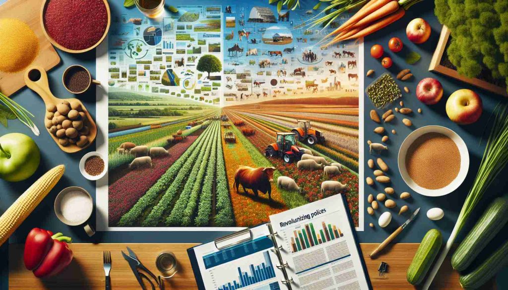 An image to illustrate the concept of 'Revolutionizing Agricultural Policies' with imagery of farmlands, crops, livestock and policy documents spread out on a table. It should signify substantial change and impact, possibly through visual metaphors such as a shift from traditional farming equipment to modern machinery. Please do not include any politicians or specific public figures in the image.