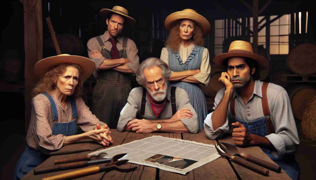 Realistic HD depiction of discontent brewing among a diverse group of farmers due to a high-ranking government official's budget decision. The scene captures a group of middle-aged farmers - a Caucasian woman, a Hispanic man, a Black woman and a South Asian man, all in traditional farm attire expressing their discontent. They are all around a rustic wooden table scattered with farming tools and an open newspaper with bold headlines about the budget decision.