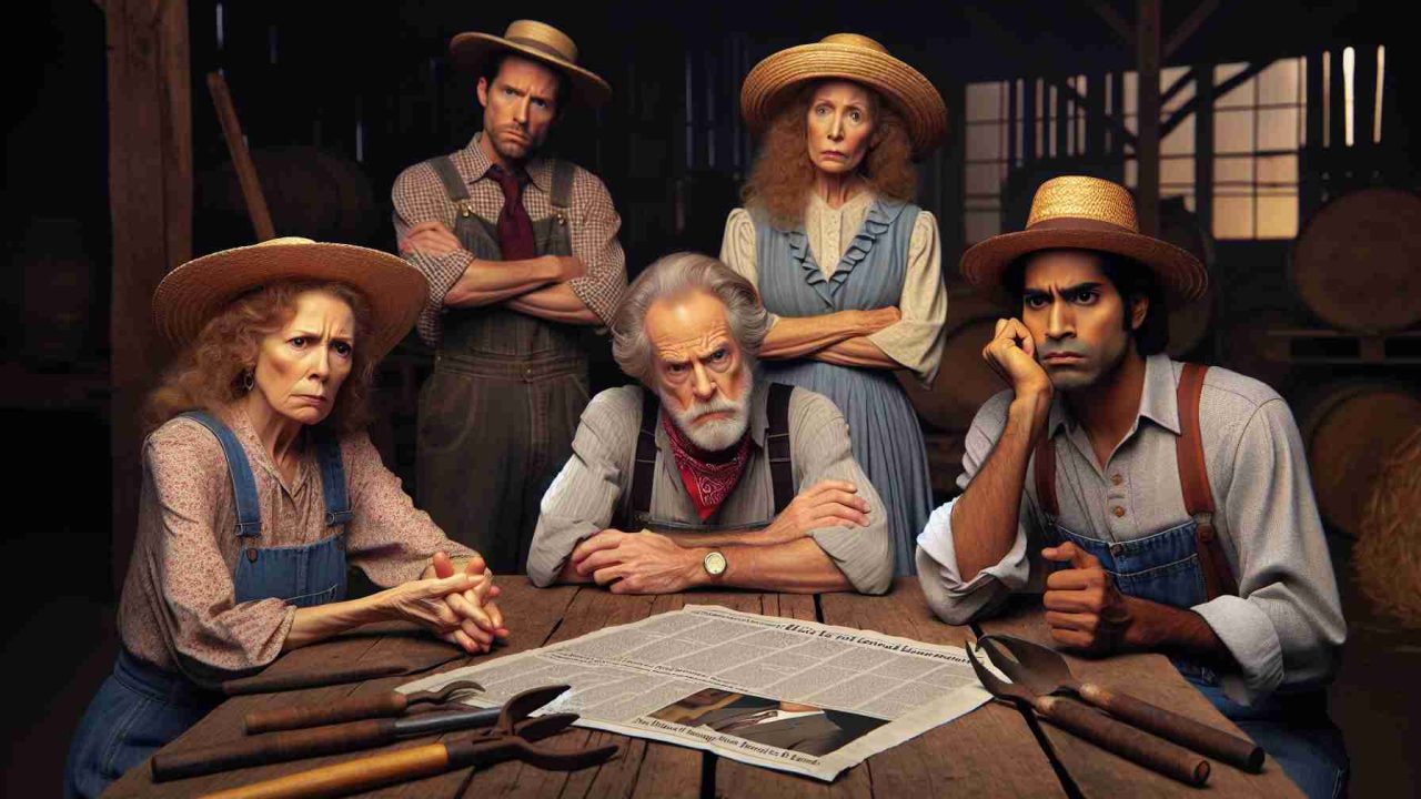 Realistic HD depiction of discontent brewing among a diverse group of farmers due to a high-ranking government official's budget decision. The scene captures a group of middle-aged farmers - a Caucasian woman, a Hispanic man, a Black woman and a South Asian man, all in traditional farm attire expressing their discontent. They are all around a rustic wooden table scattered with farming tools and an open newspaper with bold headlines about the budget decision.