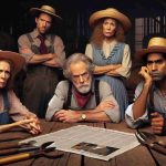 Realistic HD depiction of discontent brewing among a diverse group of farmers due to a high-ranking government official's budget decision. The scene captures a group of middle-aged farmers - a Caucasian woman, a Hispanic man, a Black woman and a South Asian man, all in traditional farm attire expressing their discontent. They are all around a rustic wooden table scattered with farming tools and an open newspaper with bold headlines about the budget decision.