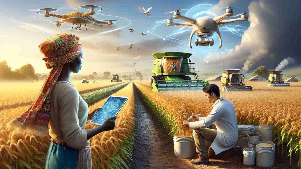 A high definition, realistic image illustrating revolutionary farming practices. In the foreground, an African female farmer is using a high-tech drone to monitor vast fields of crops. In the mid-ground, an East Asian male farm worker uses an automated harvester to diligently reap the golden grains. In the background, you can see a South Asian female scientist studying crops in a high-tech mobile lab, signifying the role of science in advancing farming. The sky above is clear and blue, symbolizing the bright future that these practices promise. The image should signify progress and hope.