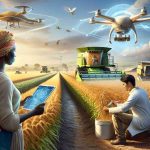 A high definition, realistic image illustrating revolutionary farming practices. In the foreground, an African female farmer is using a high-tech drone to monitor vast fields of crops. In the mid-ground, an East Asian male farm worker uses an automated harvester to diligently reap the golden grains. In the background, you can see a South Asian female scientist studying crops in a high-tech mobile lab, signifying the role of science in advancing farming. The sky above is clear and blue, symbolizing the bright future that these practices promise. The image should signify progress and hope.