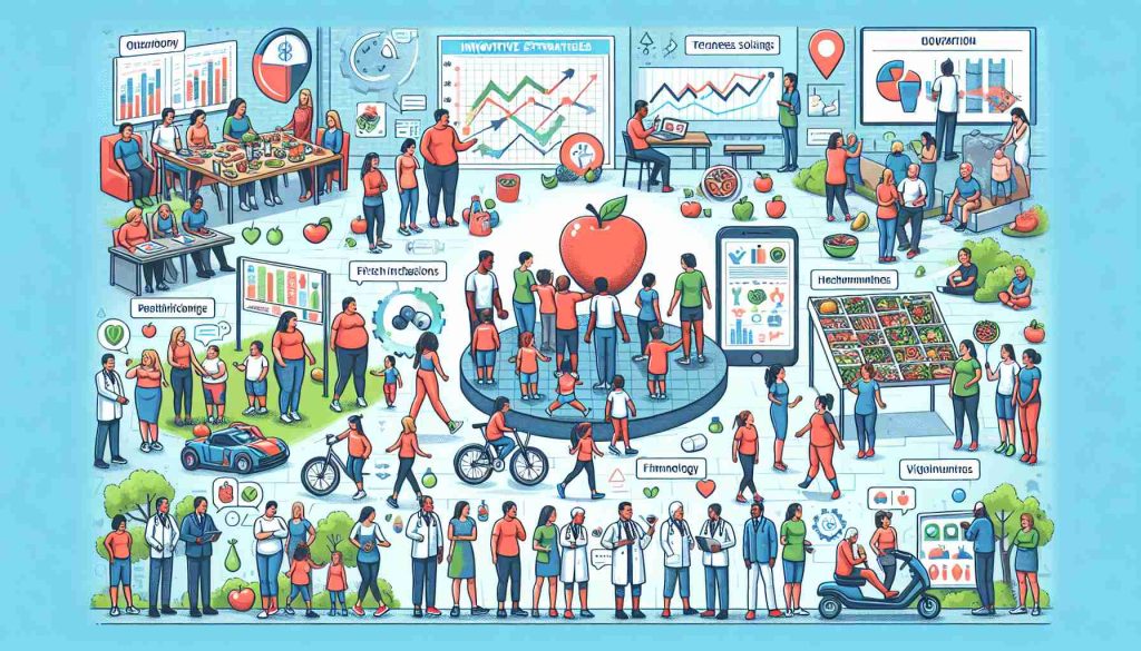 Detailed illustration of innovative strategies being implemented to combat the global obesity crisis. The image should contain various scenes including educational programs promoting healthy eating habits among young children, fitness initiatives engaging people of different ages and genders, technology-enabled solutions like fitness tracking apps, and healthcare professionals working towards preventive measures. The depiction could also include charts or infographics displaying important data related to the obesity trend. Prioritize diversity in depiction with individuals of different genders and descents.