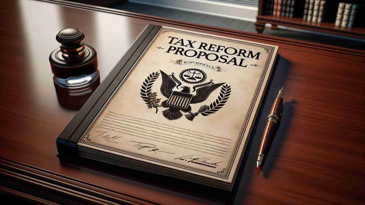 Realistic high-definition image of a tax reform proposal document branded with conservative elements. The document is located on a polished mahogany desk with an old-fashion ink pen nestled next to it. The room can be faintly seen in the background, hinting at an office scene suggestive of a political nature. The cover of the proposal is displayed prominently, adorned with symbolic elements like scales, a laurel wreath, and an eagle. Parchment-like paper, wordings in a formal script, and a cool color palette are needed for the adequate representation of the document.