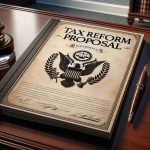 Realistic high-definition image of a tax reform proposal document branded with conservative elements. The document is located on a polished mahogany desk with an old-fashion ink pen nestled next to it. The room can be faintly seen in the background, hinting at an office scene suggestive of a political nature. The cover of the proposal is displayed prominently, adorned with symbolic elements like scales, a laurel wreath, and an eagle. Parchment-like paper, wordings in a formal script, and a cool color palette are needed for the adequate representation of the document.